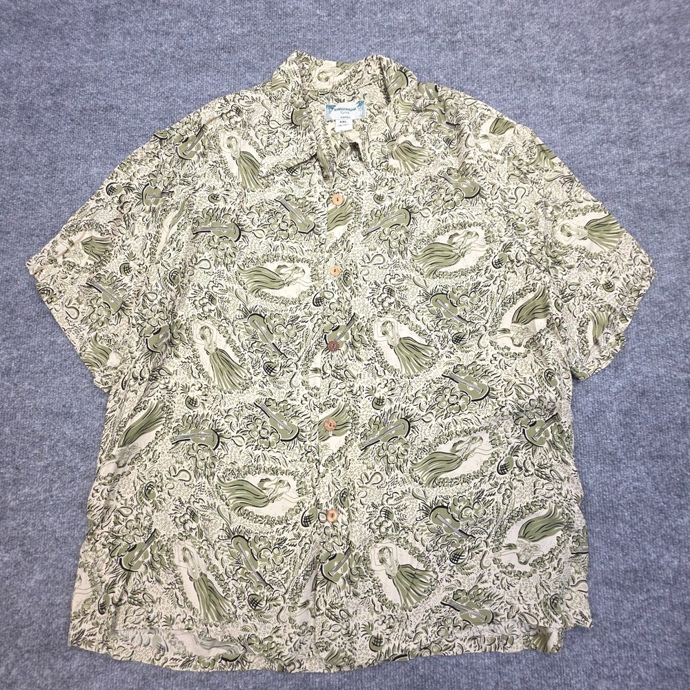 Vintage Kamehameha Hawaiian Aloha Shirt XXL Green Floral AOP Rayon USA